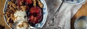 Brown Butter Hazelnut Cookie Crumble with Torched Plums