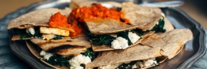 Grilled Tofu Quesadillas with Spinach, Feta + Roasted Red Pepper Sauce