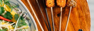Tempeh Satay with Peanut Sauce + Spicy Mango Salad