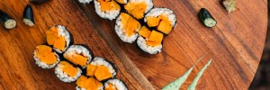 Miso Roasted Sweet Potato Sushi with Finger Lime Caviar + Cilantro Aïoli