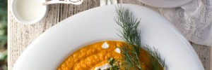 Roasted Carrot Soup with Carrot Top + Dill Pesto + Goat Cheese Cream