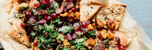 Dukkah Dusted Pita Chips with Barbecued Tempeh + Grape Salsa