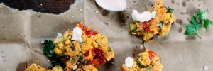 Tomato + Okra Corn Cakes with Roasted Garlic Aïoli